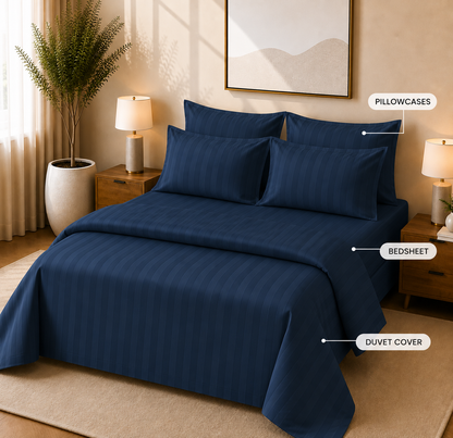 550 TC Stripes Collection- Blue Lagoon | Bedsheet with Pillowcases
