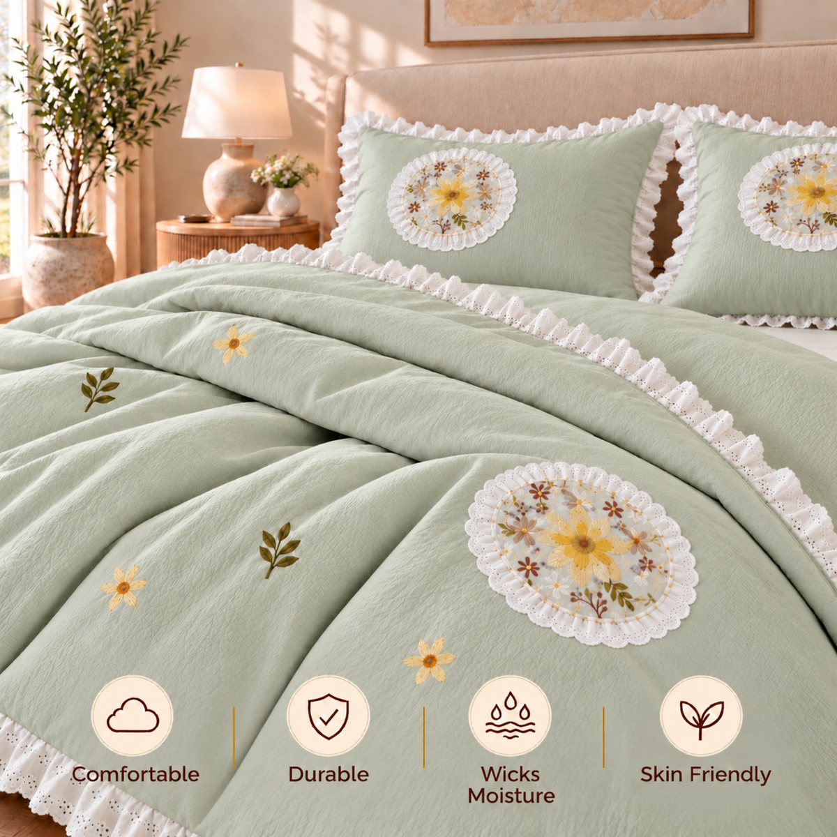 Premium Bedspread Collection - Whispering Flora 6-pieces - Sage Green