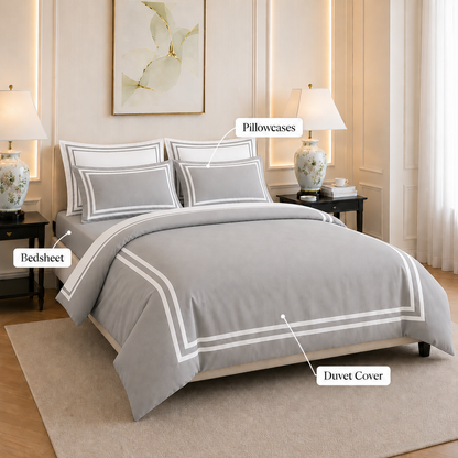 600 TC Pure Cotton Collection - Pearl Grey | Bedsheet & Duvet Cover with Pillowcases