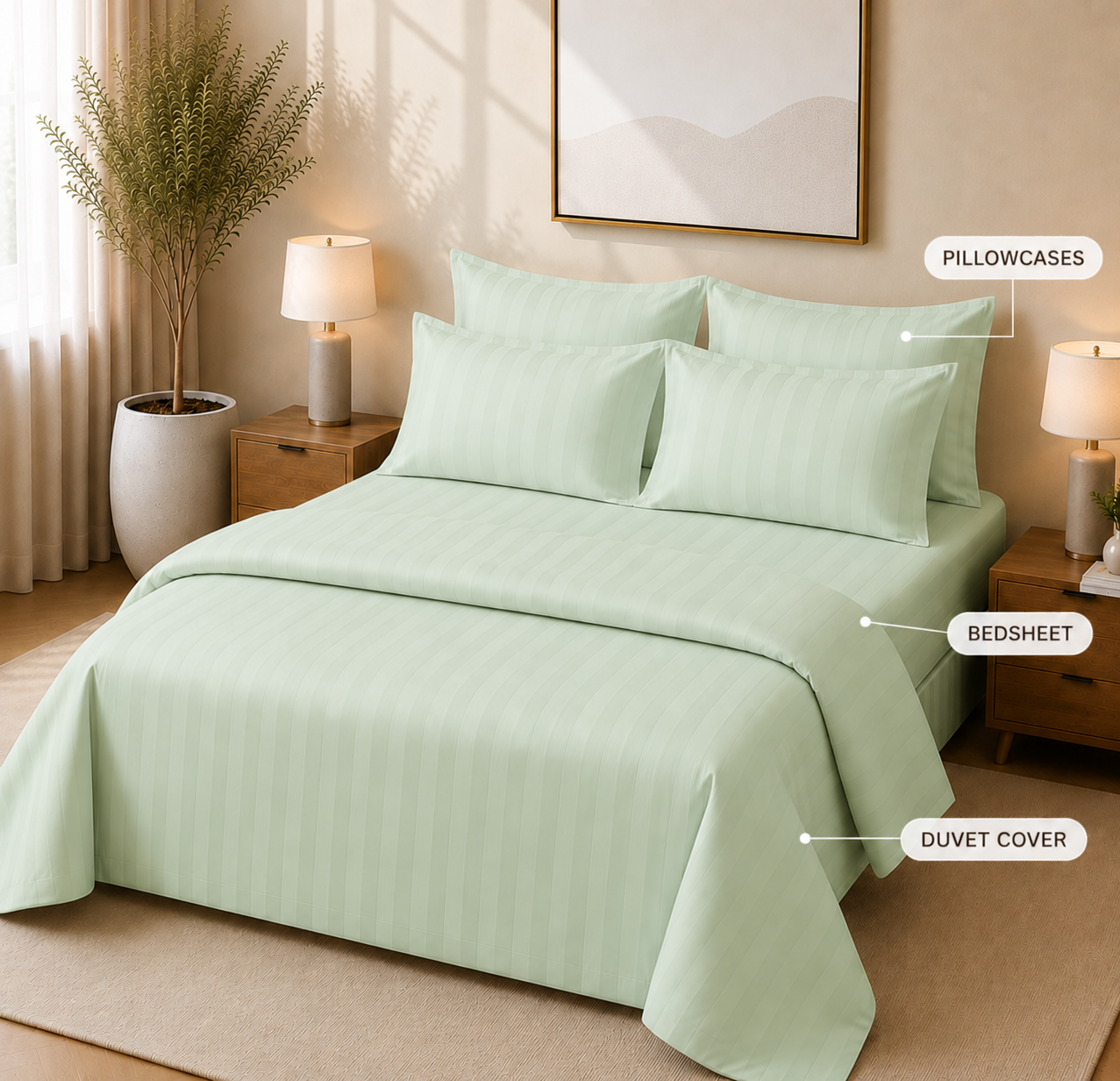 550 TC Stripes Collection - Sage Serenity | Bedsheet with Pillowcases
