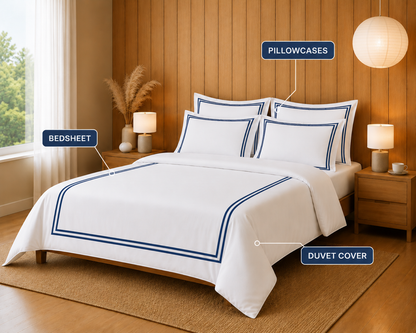 800 TC Pure Cotton Collection -Merrowing - Blue Crest | Bedsheet with Pillowcases