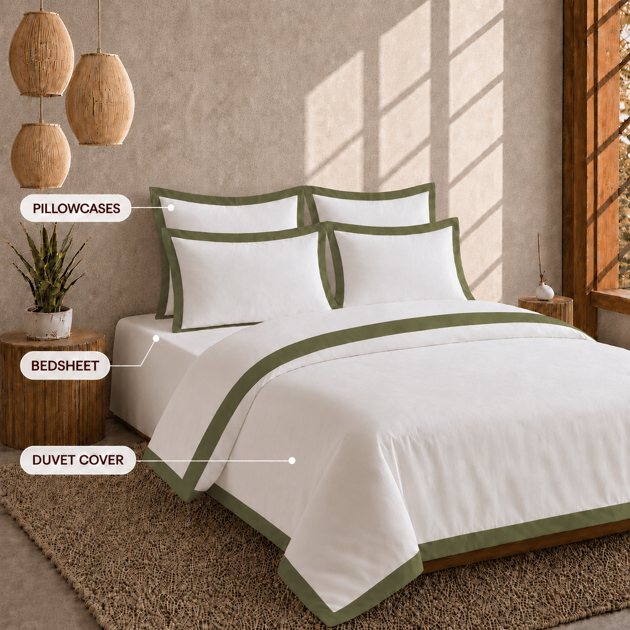 Egyptian Cotton - Border - Zen Classic Olive Green | Bedsheet with Pillowcases