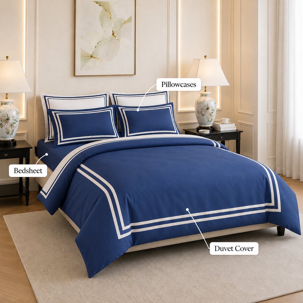 600 TC Pure Cotton Collection - True Navy | Bedsheet & Duvet Cover with Pillowcases