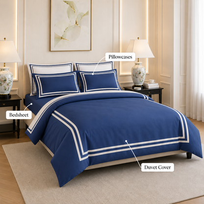 600 TC Pure Cotton Collection - True Navy | Bedsheet & Duvet Cover with Pillowcases