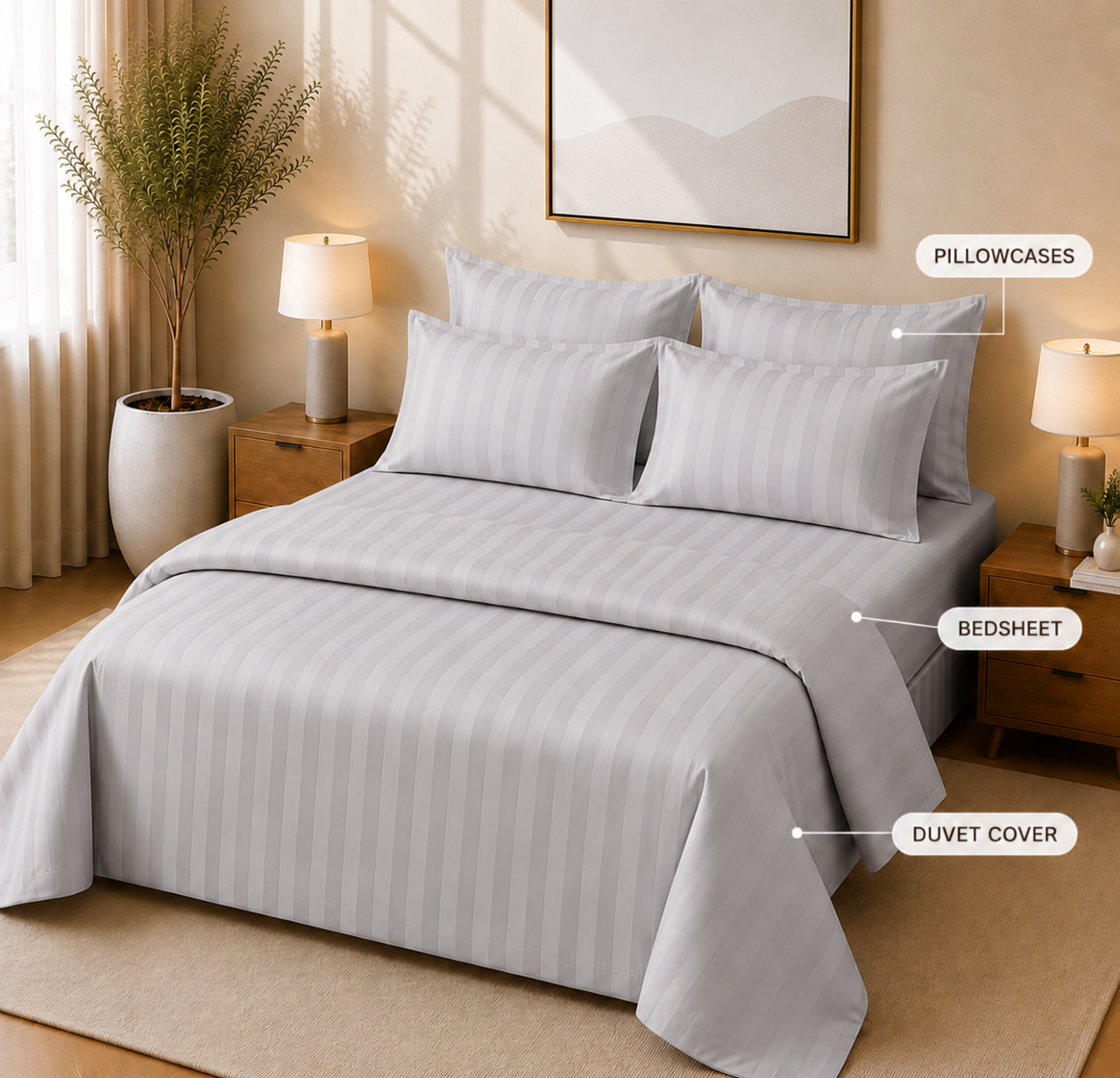 550 TC Stripes Collection - Silver Mist | Bedsheet with Pillowcases