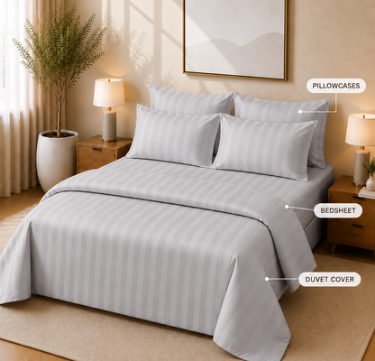 550 TC Stripes Collection - Silver Mist | Bedsheet with Pillowcases