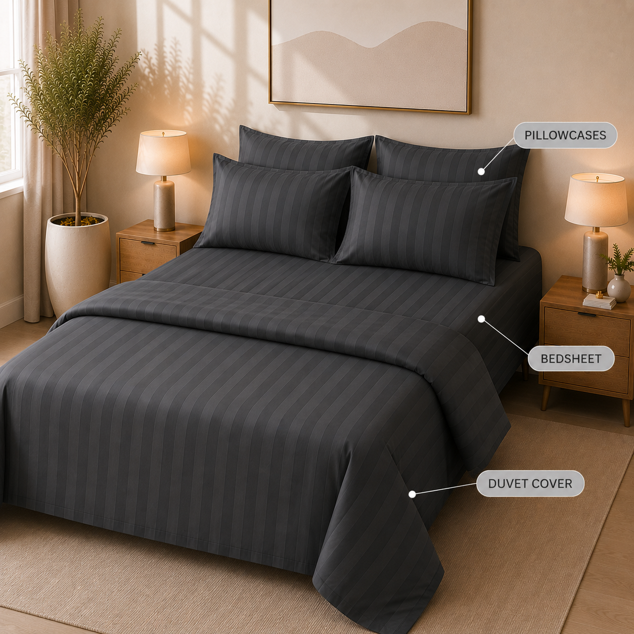 550 TC Stripes Collection - Dark grey | Bedsheet with Pillowcases