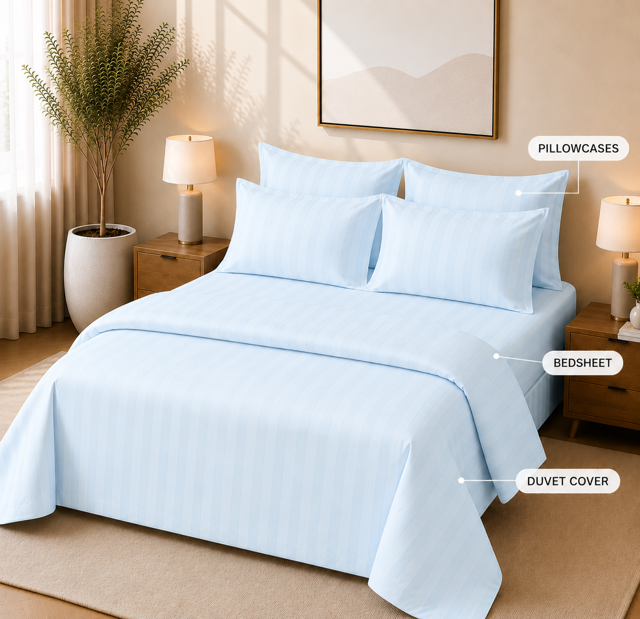 550 TC Stripes Collection - Sky Breeze | Bedsheet with Pillowcases