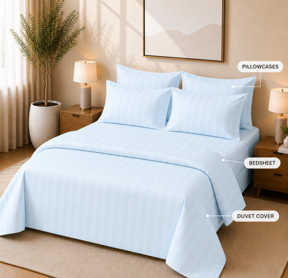 550 TC Stripes Collection - Sky Breeze | Bedsheet with Pillowcases
