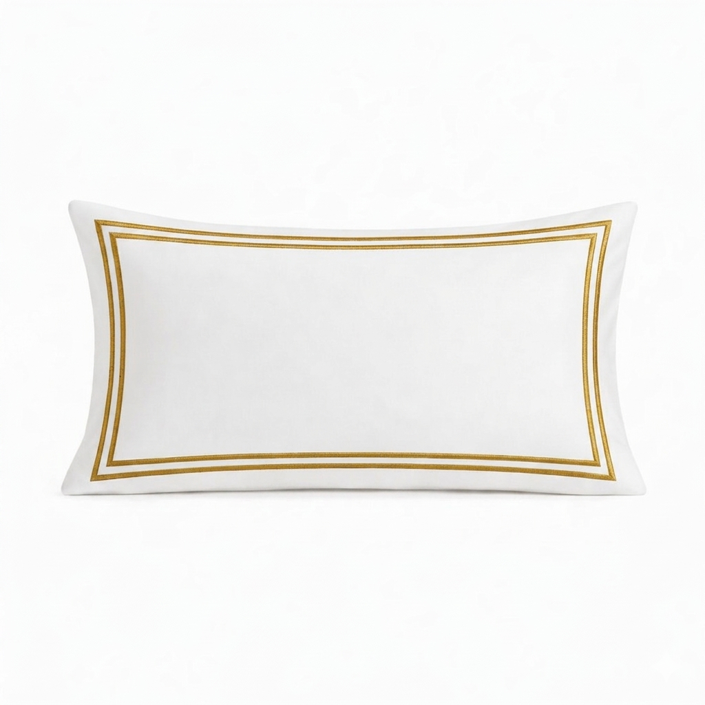 White pillow with gold border on a white background