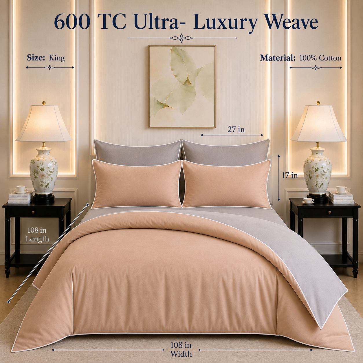 600 TC Pure Cotton Collection Duoluxe - Silver Blush | Bedsheet & Duvet Cover with Pillowcases