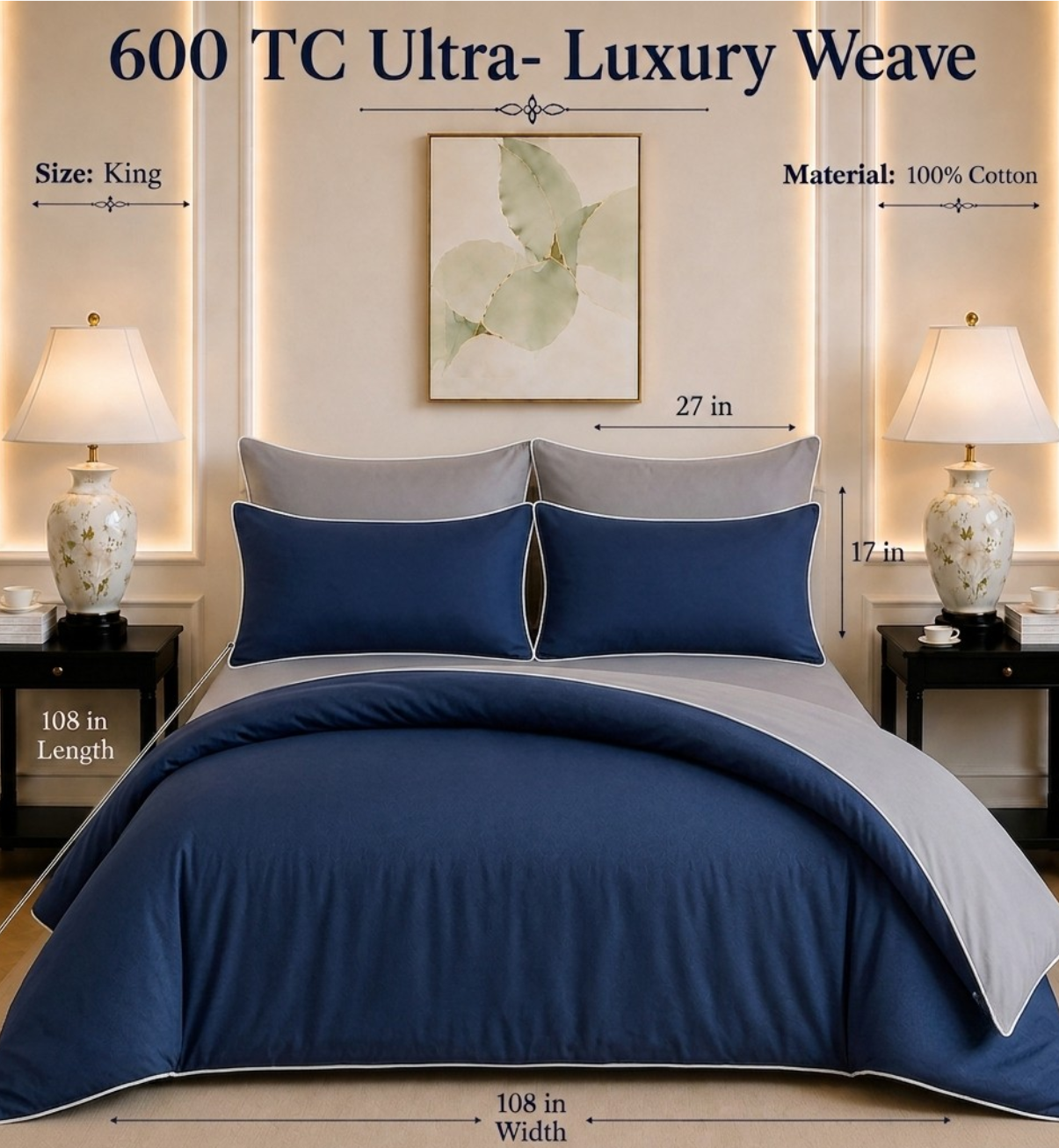 600 TC Pure Cotton Collection Duoluxe - Silver Sapphire | Duvet Cover with Pillowcases