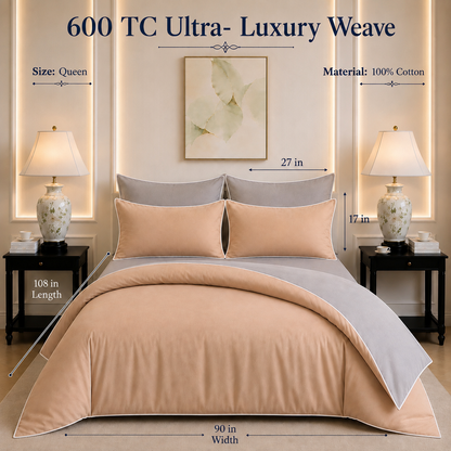 600 TC Pure Cotton Collection Duoluxe - Silver Blush | Bedsheet & Duvet Cover with Pillowcases