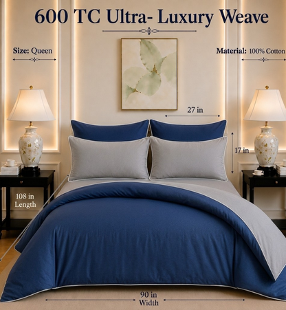 600 TC Pure Cotton Collection Duoluxe - Silver Sapphire | Duvet Cover with Pillowcases
