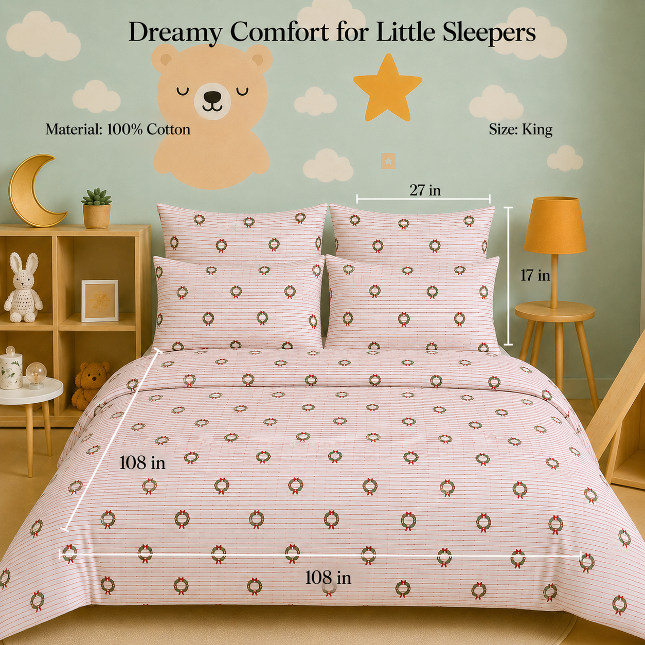 Kids Collection - Red Bow Stripes | Bedsheet with Pillowcases