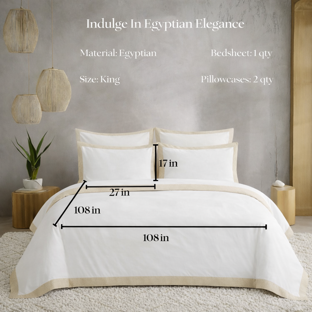 Bedding set with dimensions on a bed in a room setting, featuring Egyptian cotton material.