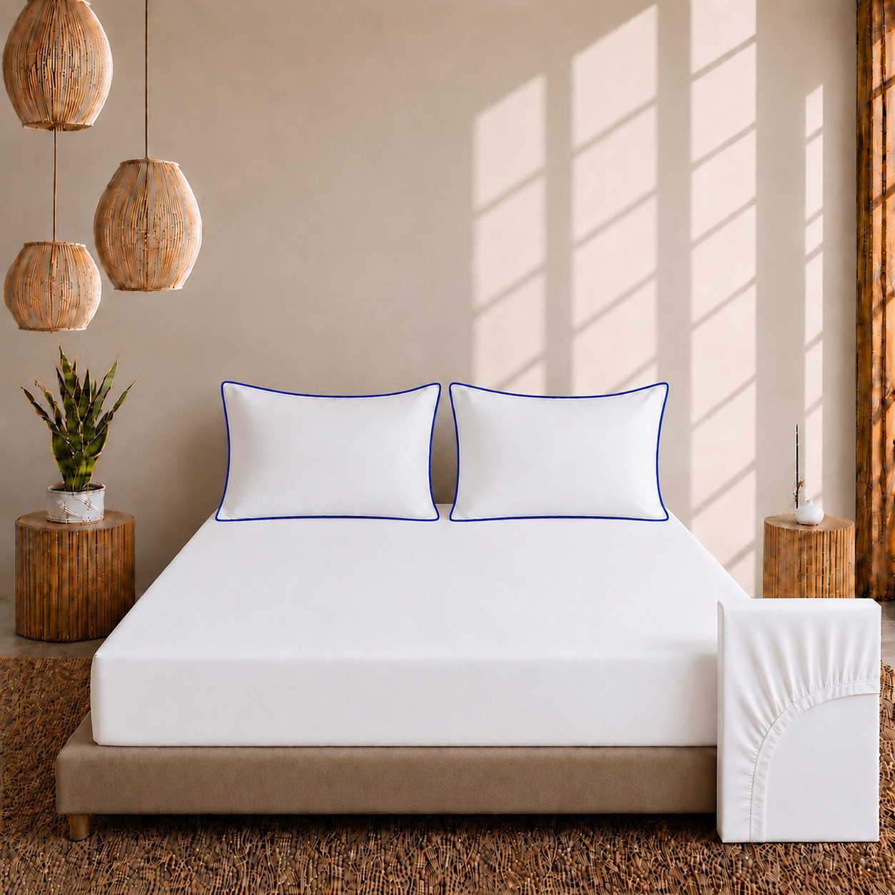 Egyptian Collection - Pure Piping - Zen Staple Blue | Bedsheet with Pillowcases