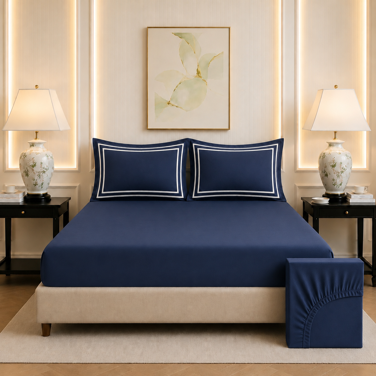 600 TC Pure Cotton Collection - True Navy | Bedsheet with Pillowcases