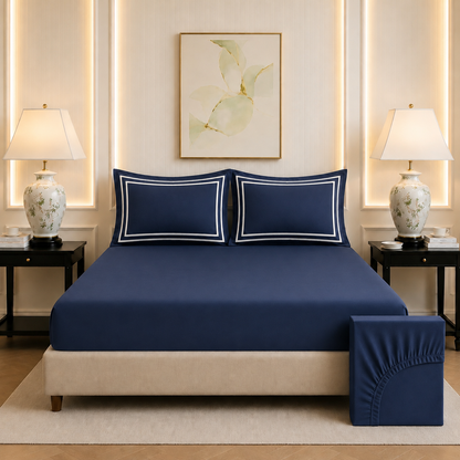 600 TC Pure Cotton Collection - True Navy | Bedsheet with Pillowcases