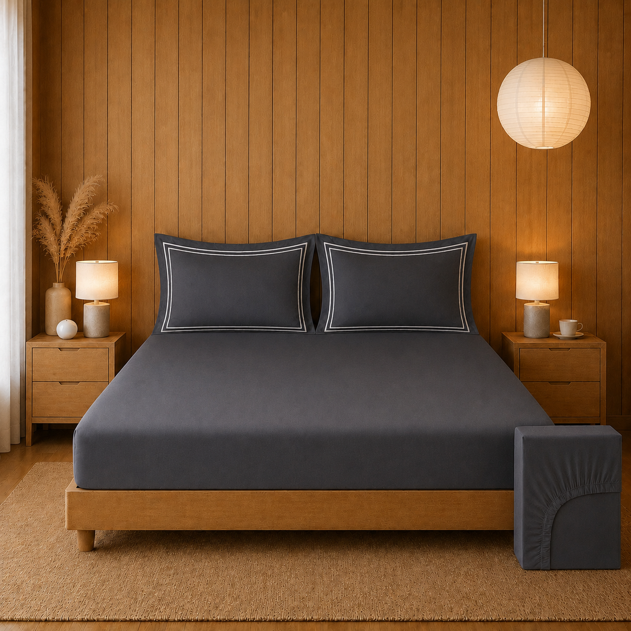 800 TC Pure Cotton Collection -Merrowing - Slate Grey | Bedsheet with Pillowcases