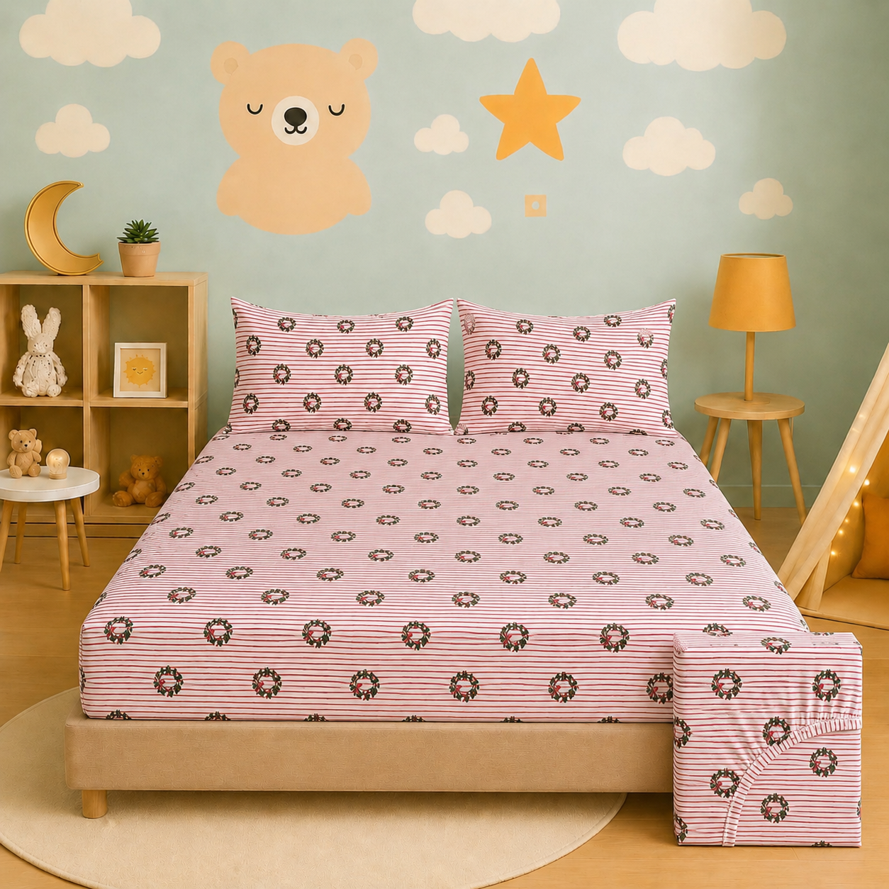 Kids Collection - Red Bow Stripes | Bedsheet with Pillowcases