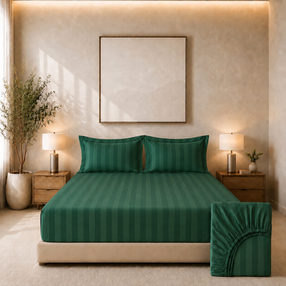 550 TC Stripes Collection - Emerald Green | Bedsheet with Pillowcases