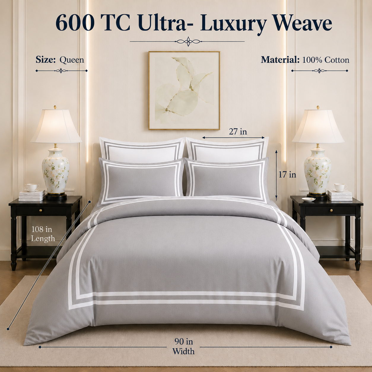 600 TC Pure Cotton Collection - Pearl Grey | Bedsheet & Duvet Cover with Pillowcases