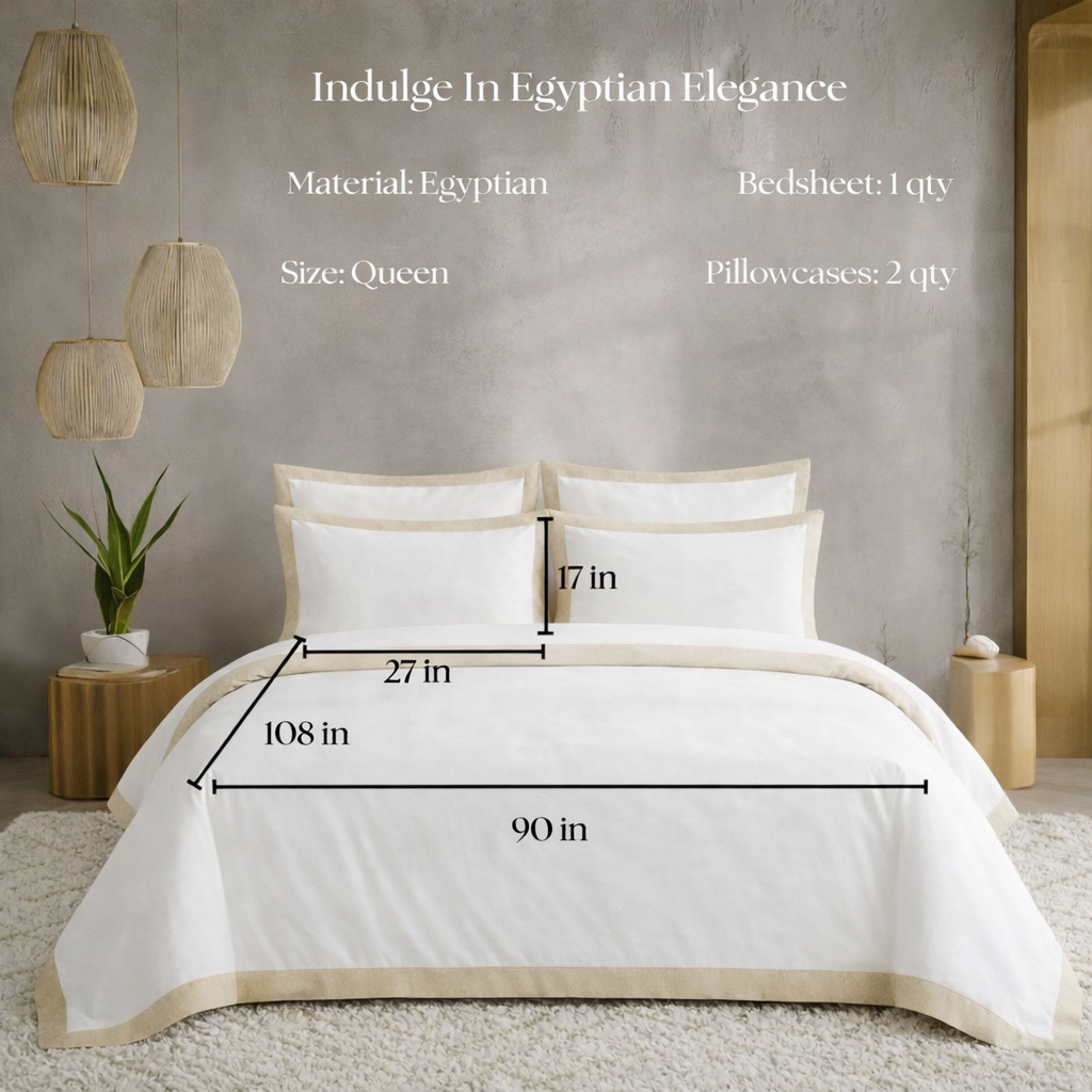 Bedding set with dimensions displayed in a bedroom setting