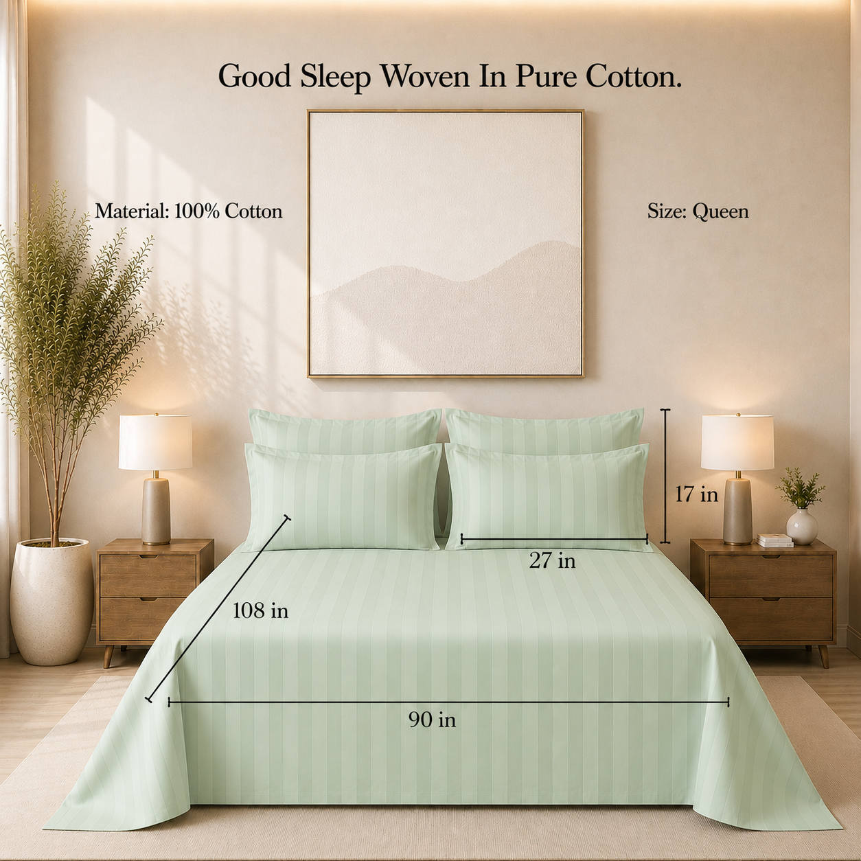 550 TC Stripes Collection - Sage Serenity | Bedsheet with Pillowcases