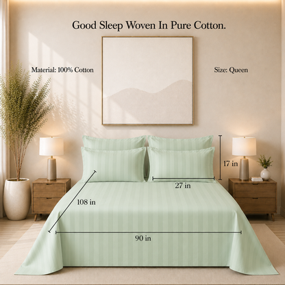550 TC Stripes Collection - Sage Serenity | Bedsheet with Pillowcases