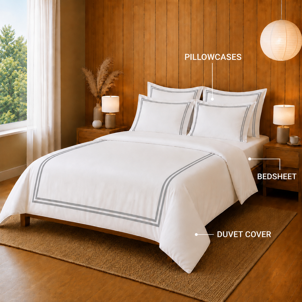 800 TC Pure Cotton Collection -Merrowing - Silver Stone | Bedsheet with Pillowcases