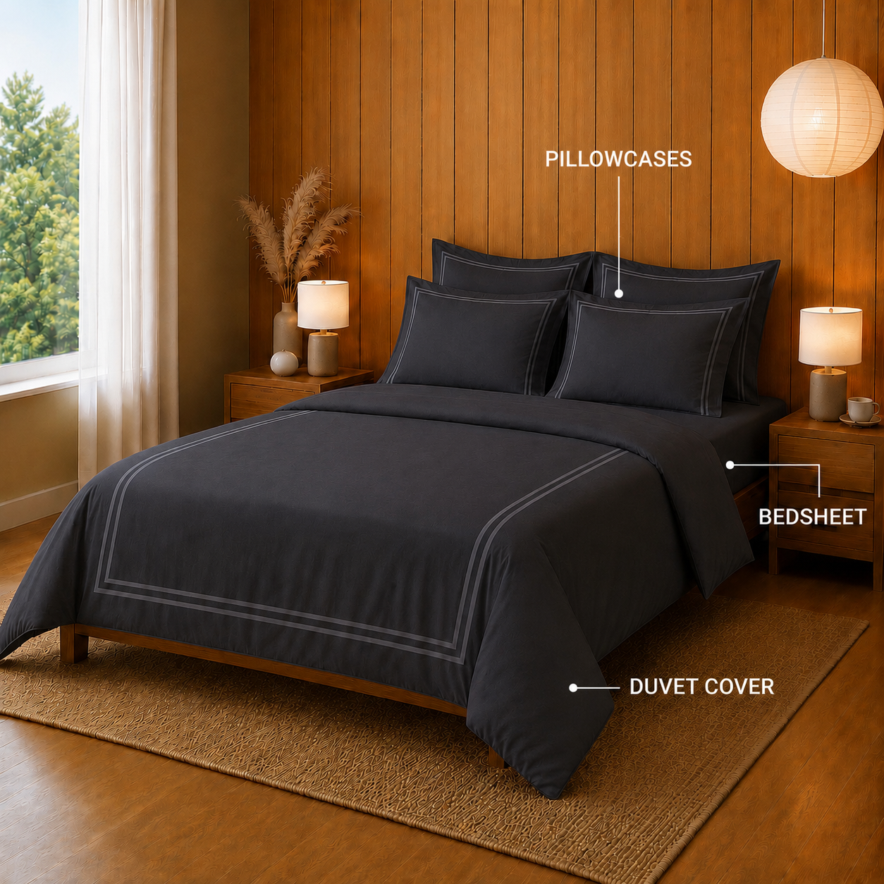 800 TC Pure Cotton Collection -Merrowing - Slate Grey | Duvet Cover with Pillowcases